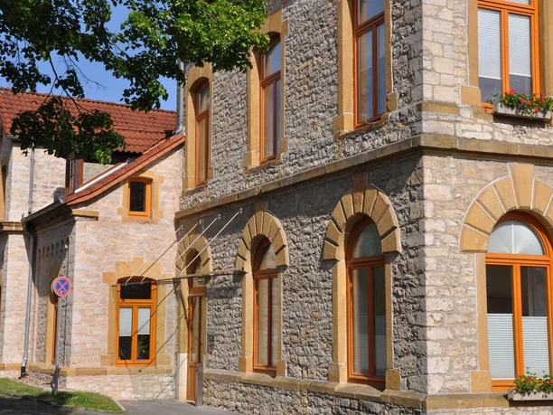 Steinernes Rathausgebäude mit großen Fenstern und rötlichem Rahmen, umgeben von Bäumen im Sonnenschein.