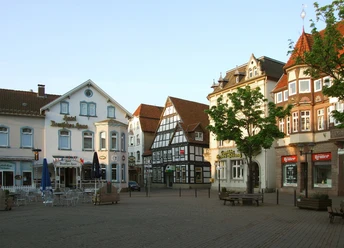 Historisches Fachwerkhaus und umgebende Gebäude an einem ruhigen Platz bei Tageslicht.