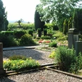 Grünbewachsener Friedhof mit gepflegten Grabsteinen und Wegen, umgeben von Bäumen und Gebüschen.
