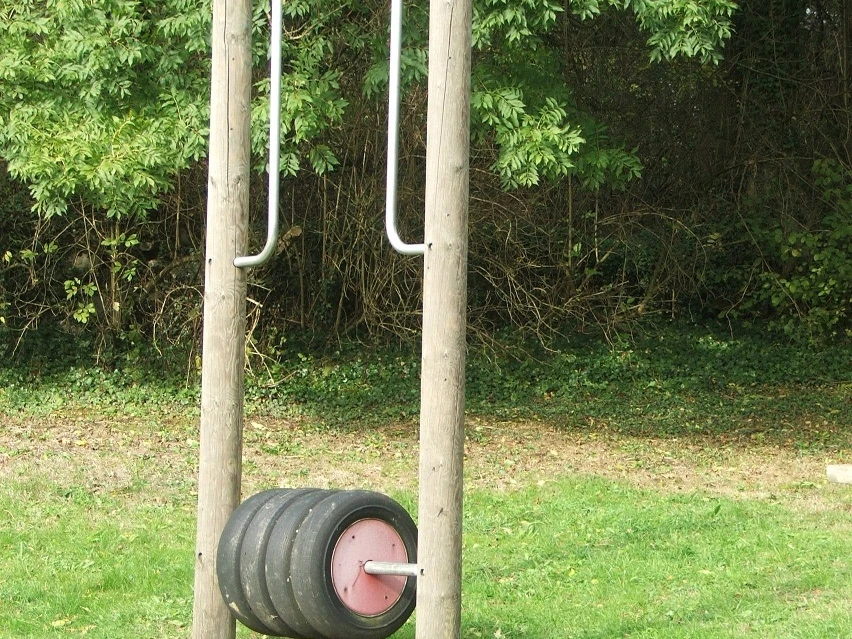 Spielstation Hiddentrup Ein Spielgerät mit Reifenrolle auf einem Rasenplatz, umgeben von dichter grüner Vegetation.