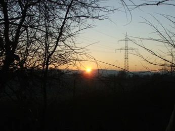 Wintersonnenaufgang über Hügeln, mit kahlen Bäumen im Vordergrund und einem Strommast am Horizont.