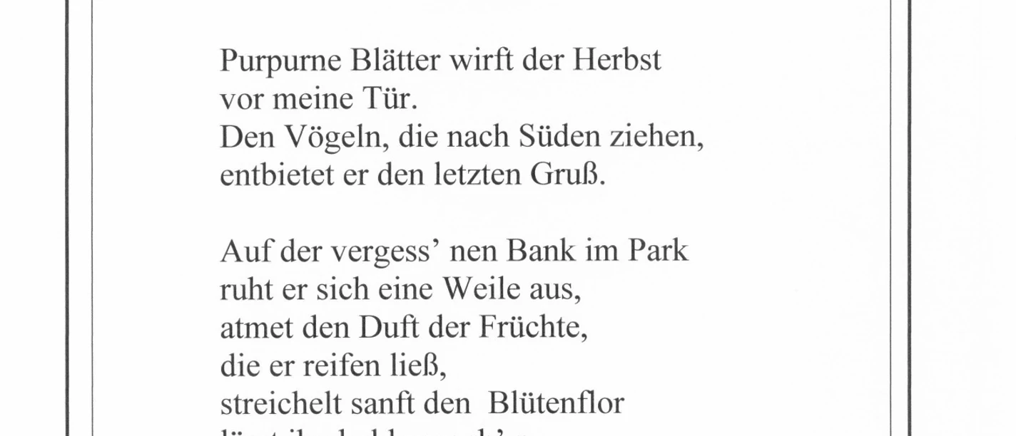 Lesestation 19 Herbstgedicht an einer Lesestation im Park, das von purpurnen Blättern und Abschied erzählt.