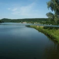 Blick auf den SchiederSee Weitläufiger See mit sanfter Uferlinie, umgeben von Wald und unter blauem Himmel gelegen.