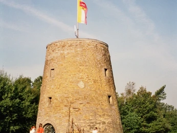 Kumsttonne Kreisrunde Ruine eines steinernen Turms mit Flagge auf der Spitze, umgeben von Wiese und Bäumen.