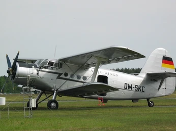 Segelflugplatz Ein silberfarbenes Doppeldeckerflugzeug mit deutschem Kennzeichen steht auf einer grünen Wiese.