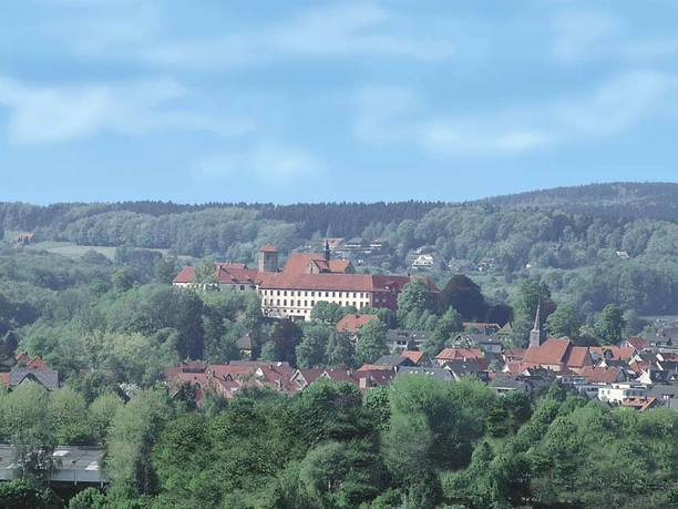 Schloss Iburg Luftansicht von Schloss Iburg, umgeben von dichten Bäumen und einer verstreuten Siedlung.