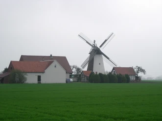 Historische Windmühle auf grüner Wiese, umgeben von traditionellen Gebäuden unter bewölktem Himmel.