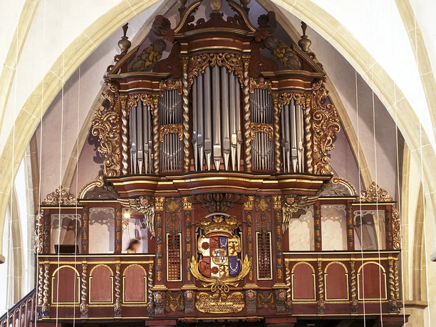 Die prächtige Orgel der Alexanderkirche beeindruckt durch ihre kunstvollen Holzverzierungen und Pfeifen.