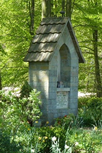Annabild bei Borchen-Dörenhagen Steinkapelle im Wald bei Borchen-Dörenhagen umgeben von Frühjahrsblumen und lichten Bäumen.