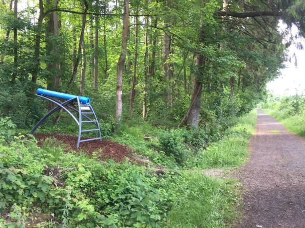 Ein blaues Kaleidoskop steht auf einem Metallgerüst am Waldrand neben einem Waldweg im Grünen.