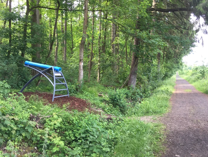Spiegelkaleidoskop am Hang des Rosenbergs Ein blaues Kaleidoskop steht auf einem Metallgerüst am Waldrand neben einem Waldweg im Grünen.