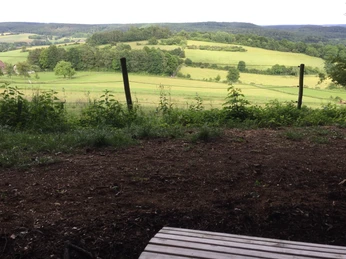 Von hier genießen Sie einen schönen Blick in die Schwalle Grüne Wiesen und Wälder erstrecken sich unter einem blauen Himmel, eingezäunt von einem Zaun.