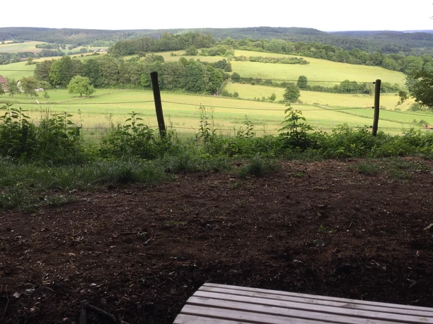 Von hier genießen Sie einen schönen Blick in die Schwalle Grüne Wiesen und Wälder erstrecken sich unter einem blauen Himmel, eingezäunt von einem Zaun.