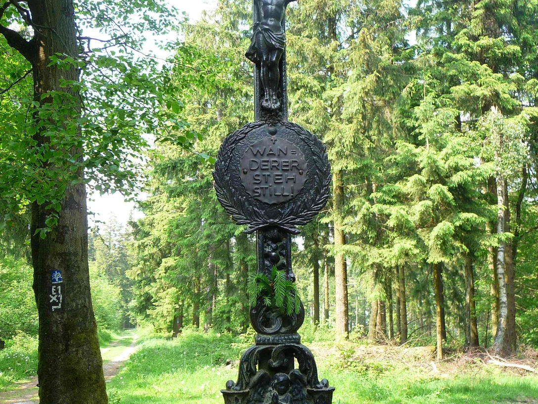 Schwarzes Kreuz Schwarzes Kreuz aus Gusseisen inmitten eines grünen Waldstücks, kunstvoll verziert mit floralen Motiven.