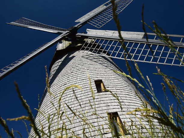 Windmühle Bavenhausen Historische Windmühle Bavenhausen mit hölzernen Flügeln, aus niedriger Perspektive vor blauem Himmel.