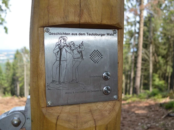Hörstation mit Lautsprecher und Gravur von Anna & Hermann im Teutoburger Wald auf Holzpfosten.