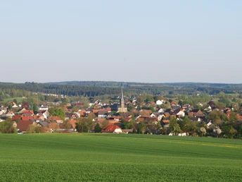 Weite grüne Felder umrahmen ein Dorf mit Kirchturm, umgeben von sanften Hügeln und Wäldern.