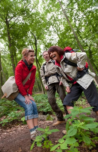Wandergruppe im Wald Eine Gruppe von drei Wanderern lacht auf einem Waldweg, umgeben von grünen Bäumen und Pflanzen.