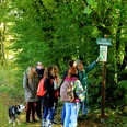 Mühlendrift 1 Eine Gruppe von Menschen mit einem Hund liest ein Wegweiserschild im bewaldeten Gebiet Alte Mühlendrift.
