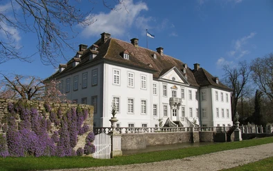 Wasserschloß Vinsebeck Weißes Wasserschloss mit vielen Fenstern, umgeben von lila Blumen und alten Mauern unter blauem Himmel.