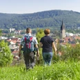 Wanderer auf dem nördlichen Sachsenring Zwei Wanderer mit Blick auf eine Stadt, umgeben von bewaldeten Hügeln. Klarer Himmel.