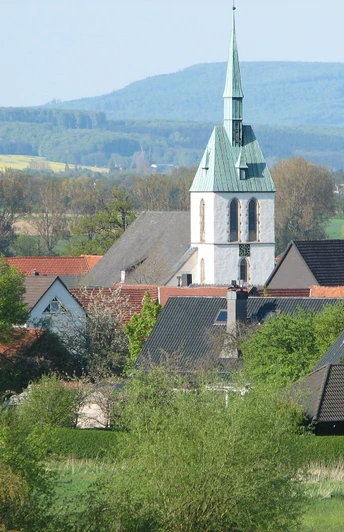 Bergheimer Kiche Weißer Kirchturm mit grünem Dach, umgeben von Häusern und Bäumen, vor hügeliger Landschaft.