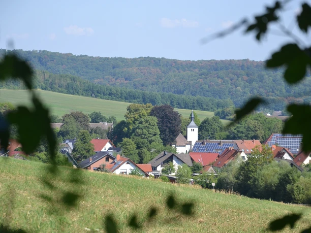 Ausblick auf das Amseldorf Merlsheim Blick über eine grüne Wiese auf die malerische Ortschaft Merlsheim, umgeben von sanften Hügeln.