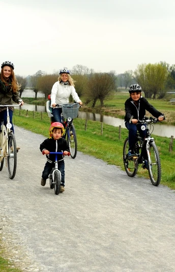 Radler am Steinhorster Becken Radfahrer mit Hund und Kind auf einem Schotterweg entlang eines ruhigen Gewässers in ländlicher Umgebung.