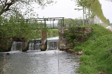 Schleuse am Boker Kanal Steinernes Bauwerk mit Schleuse über ruhigem Fluss, von Bäumen gesäumte Allee im Hintergrund.