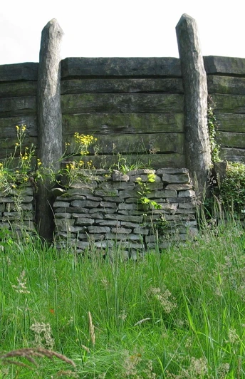 Nachbau einer historischen Wallanlage aus Holz und Stein, umgeben von grüner Vegetation.