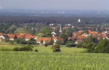 Blick vom S-Weg (Hühnerberg) auf Schlangen Eine sanfte Landschaft mit Feldern im Vordergrund, dahinter ein Dorf mit roten Dächern und Wäldern.