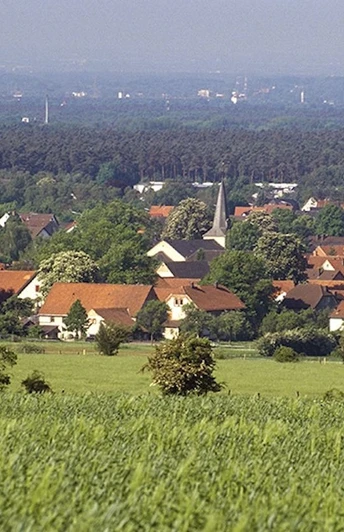 Blick vom S-Weg (Hühnerberg) auf Schlangen Eine sanfte Landschaft mit Feldern im Vordergrund, dahinter ein Dorf mit roten Dächern und Wäldern.