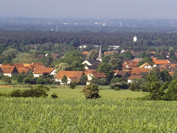 Blick vom S-Weg (Hühnerberg) auf Schlangen Eine sanfte Landschaft mit Feldern im Vordergrund, dahinter ein Dorf mit roten Dächern und Wäldern.