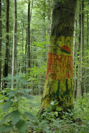 Kunst im Wald Ein Baum im Wald, dekoriert mit bunter, kindlicher Malerei eines stilisierten Tieres.