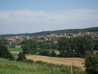 Ländliche Landschaft mit Feldern im Vordergrund und einem Dorf mit roten Dächern am Waldrand.