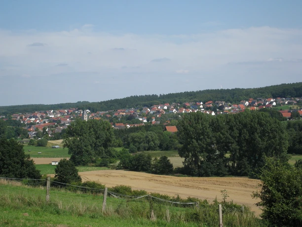 image Ländliche Landschaft mit Feldern im Vordergrund und einem Dorf mit roten Dächern am Waldrand.
