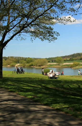 Weserpartie Wehrden Ein Radfahrer und Spaziergänger auf einem Weg entlang einer Flusslandschaft mit Bäumen und Wiesen.