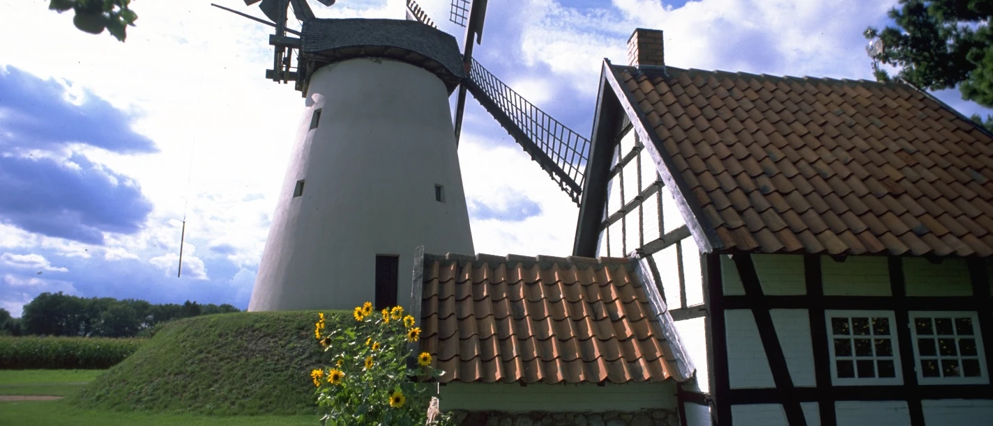 Wegholmer Mühle Historische Windmühle und Fachwerkhaus in ländlicher Umgebung bei sonnigem Wetter mit Wolken am Himmel.