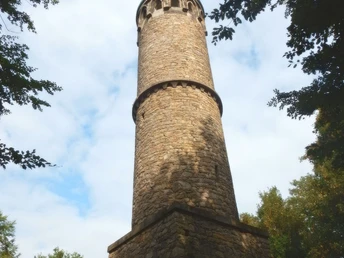 image Der steinerne Aussichtsturm ragt hoch zwischen den Bäumen empor, umgeben von leicht bewölktem Himmel.