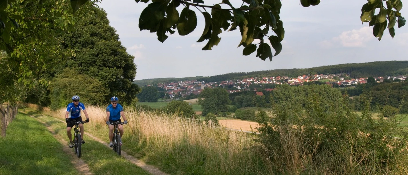 image Zwei Radfahrer auf einem Weg durch eine grüne Landschaft, umgeben von Feldern und Bäumen.