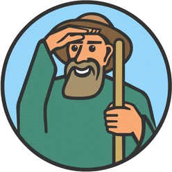 Spökenkiekerrroute Logo Illustration eines bärtigen Mannes mit Hut und Stab, der in die Ferne schaut und lächelt.