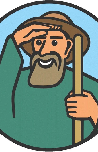Spökenkiekerrroute Logo Illustration eines bärtigen Mannes mit Hut und Stab, der in die Ferne schaut und lächelt.