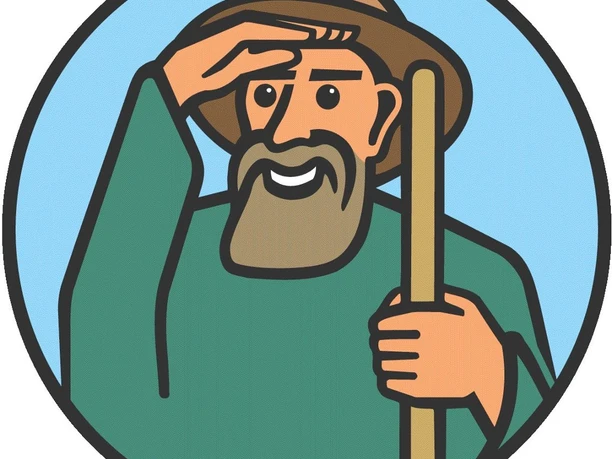 Spökenkiekerrroute Logo Illustration eines bärtigen Mannes mit Hut und Stab, der in die Ferne schaut und lächelt.