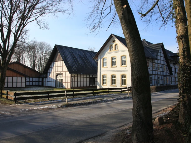 image Historisches Fachwerkgebäude mit großen Fenstern und schwarzem Dach, umgeben von Bäumen.