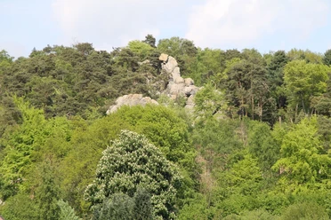 Felsformation Hockendes Weib Felsformation aus hellem Gestein ragt aus einem dichten, grünen Wald mit vielfältiger Vegetation.