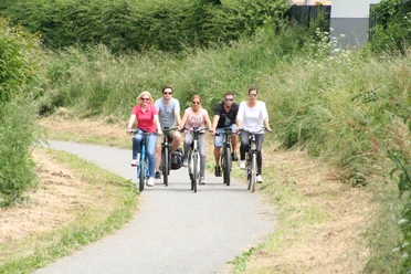 Radler Mittelweser Fünf Menschen radeln entspannt auf einem schmalen asphaltierten Weg inmitten dichter grüner Vegetation.