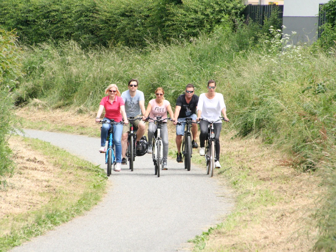Radler Mittelweser Fünf Menschen radeln entspannt auf einem schmalen asphaltierten Weg inmitten dichter grüner Vegetation.
