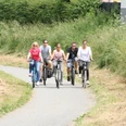 Radler Mittelweser Fünf Menschen radeln entspannt auf einem schmalen asphaltierten Weg inmitten dichter grüner Vegetation.