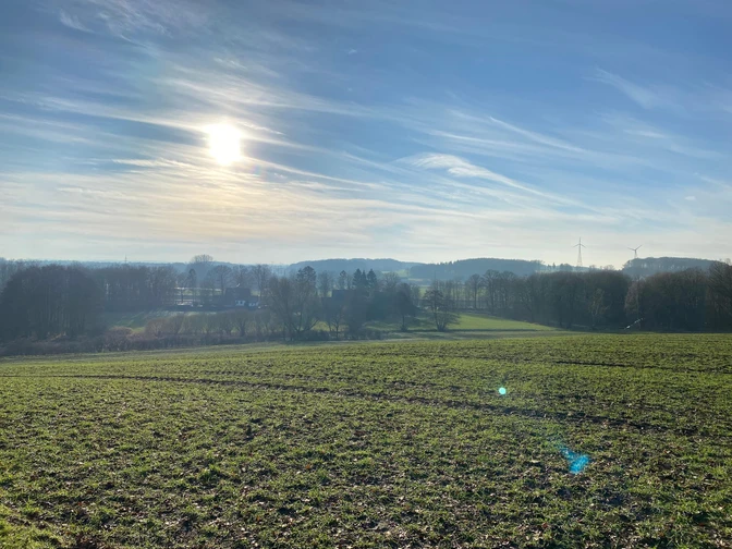 Unterwegs auf dem TERRA.track Hollager Berg Sonnenbeschienene Weidelandschaft mit Hügeln und vereinzelten Windkraftanlagen im Hintergrund.Sunlit pasture landscape with hills and scattered wind turbines in the background.Solbeskinnet græslandskab med bakker og spredte vindmøller i baggrunden.Zonovergoten weidelandschap met heuvels en verspreide windturbines op de achtergrond.