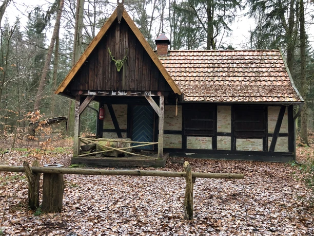Hütte zur Schule Ein traditionelles Fachwerkhaus mit Ziegeldach, umgeben von Laubbäumen in einem herbstlichen Wald.